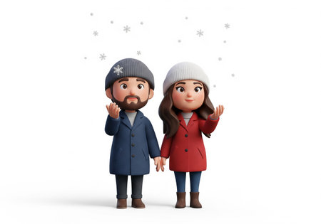 3d illustration of a couple in winter clothes with snowflakesの素材