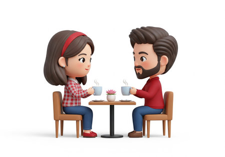 3D Illustration of a couple sitting at a table drinking coffeeの素材