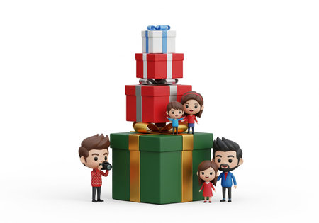 3d illustration of happy family with gift boxes isolated on white backgroundの素材