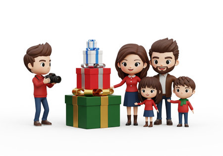 3d illustration of family with gift boxes and camera on white backgroundの素材