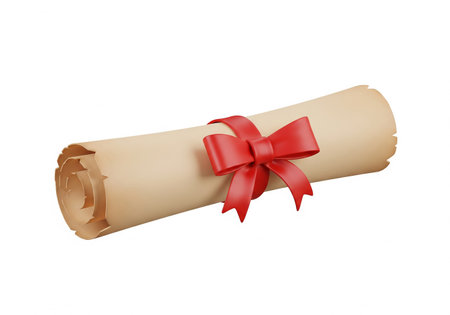 Rolled diploma with red ribbon isolated on white background. 3d illustrationの素材