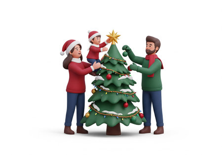 3d illustration of family decorating christmas tree on white backgroundの素材