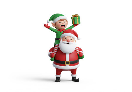 Santa Claus and elf with gift isolated on white background. 3d illustrationの素材