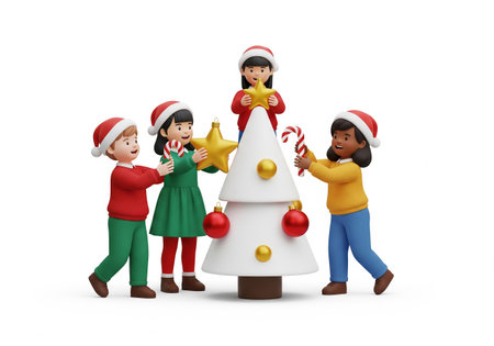 3d render of happy family with christmas tree on white backgroundの素材