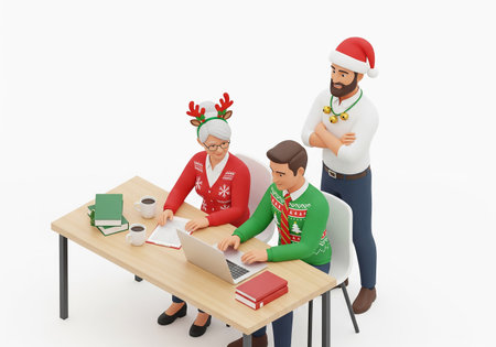 3d illustration of people in Santa hats sitting at the table with a laptopの素材