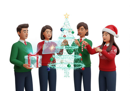 3d illustration of group of people with christmas tree and presentsの素材