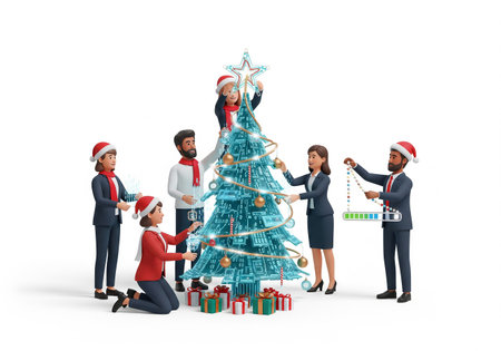 Group of business people with Christmas tree. Isolated on white backgroundの素材
