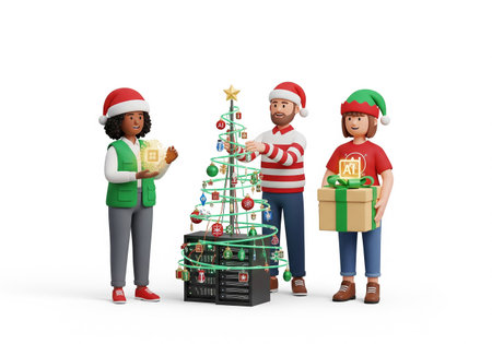 3d illustration of happy people with christmas tree and gift boxesの素材