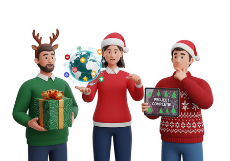 3d illustration of friends wearing christmas sweaters and holding a Christmas presentの素材