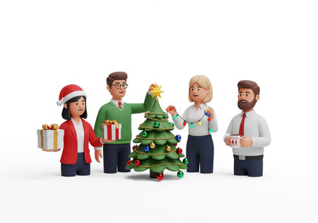 3d illustration of group of business people with Christmas tree and giftsの素材