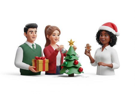 Group of people in Santa Claus hat with Christmas tree and gifts on white backgroundの素材