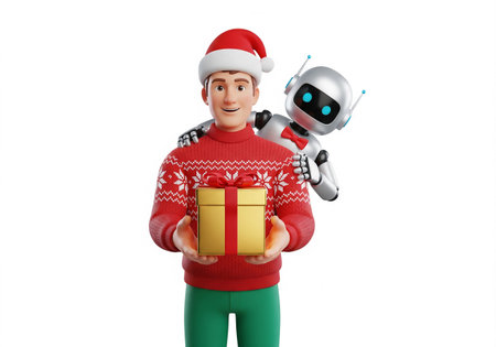3d illustration of a man in a Christmas sweater holding a gift and a robot on a white backgroundの素材