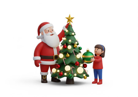 Santa Claus and little girl decorating a Christmas tree on white backgroundの素材