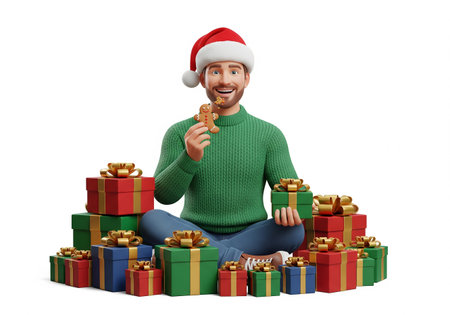 smiling man in santa hat sitting on the floor with christmas giftsの素材