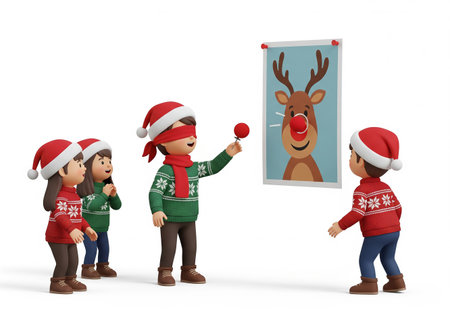 3d illustration of children and deer in santa claus hatsの素材