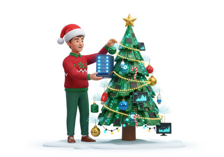 3d illustration of Santa Claus decorating christmas tree with baublesの素材