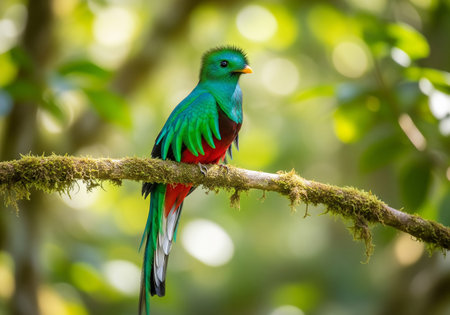 Tropical green and red bird on a branch in the forestの素材