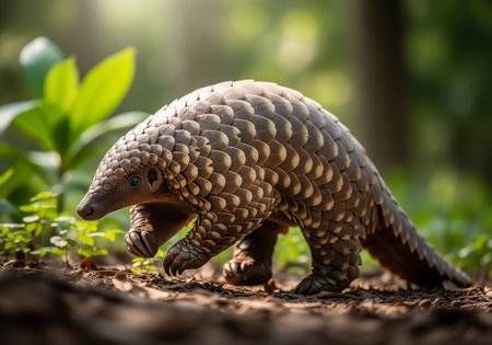 Close up of a toy of an armadillo in the forestの素材