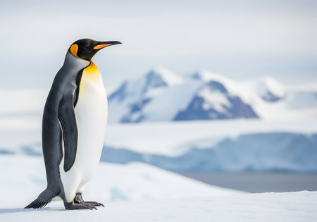 King penguin standing on the snow in Antarctica with mountains in the backgroundの素材