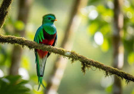 Tropical green and red bird on a branch in Costa Ricaの素材