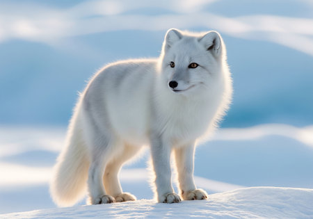 Arctic fox standing on snow in winter, looking at camera.の素材