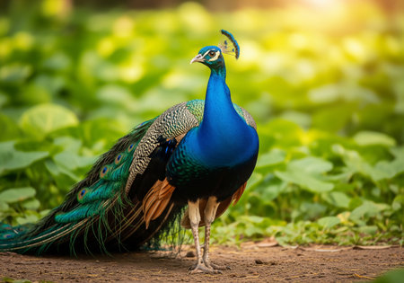 Beautiful peacock standing on the ground and looking at camera.の素材