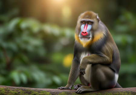 Mandrill sitting on a branch in the rainforest of Thailand.の素材