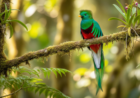 Tropical green and red bird sitting on a branch in the forestの素材