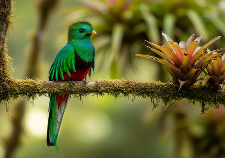 Beautiful green and red bird on a branch in the rainforestの素材