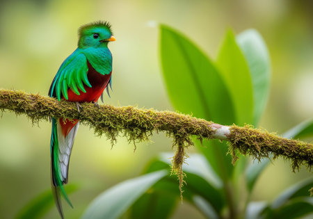 Tropical bird with red and green plumage perching on a branchの素材
