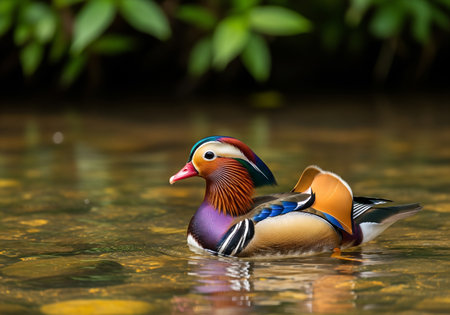 Mandarin duck (Aix galericulata) swimming in a pondの素材