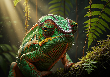 Close up of a colorful chameleon in the rainforest.の素材