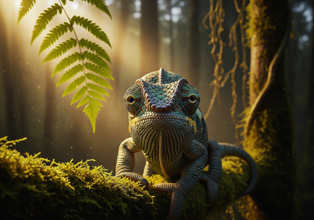 Chameleon in the forest. Fantasy landscape with chameleon.の素材