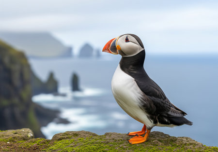 Puffin standing on a rock with the ocean in the backgroundの素材