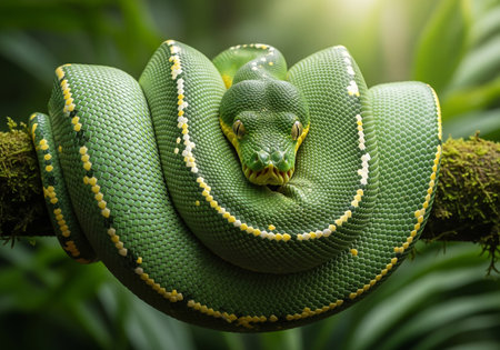 Green tree python on a branch in the rainforest, Thailand.の素材