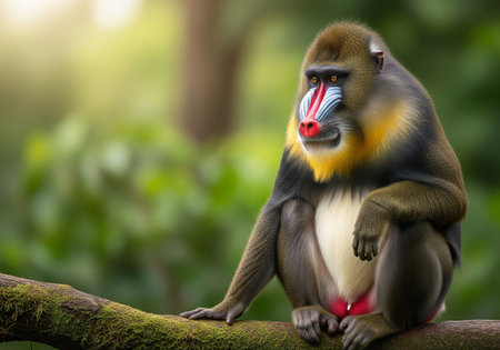 Portrait of a mandrill on a branch in the forest.の素材