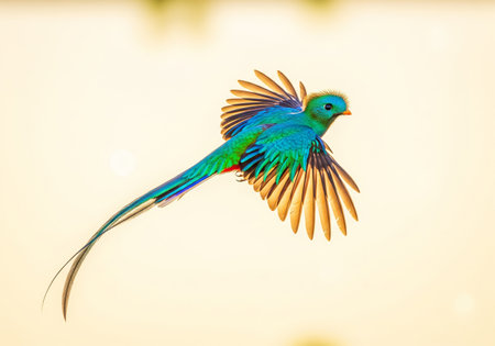 Turquoise parrot bird flying in the sky with soft backgroundの素材
