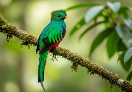 Tropical green and red bird on branch in the rainforestの素材