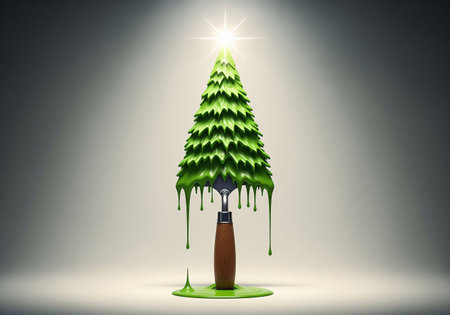 Paintbrush and christmas tree on grey background. 3D renderingの素材