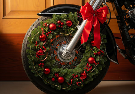 Motorcycle wheel decorated with christmas wreath and red bow.の素材