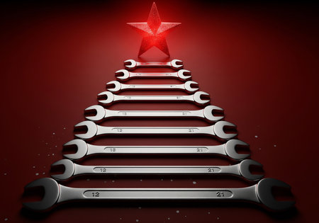 Spanners in the shape of a Christmas tree with a red starの素材