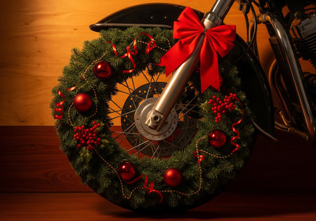 Christmas wreath with a red bow and a motorcycle on a wooden backgroundの素材