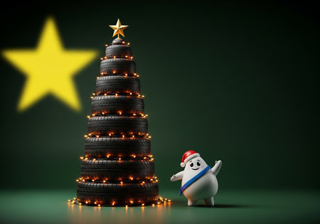 3d illustration of christmas tree made of tires and Santa Clausの素材