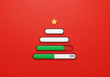 A Christmas tree created using 3D loading or progress bars, indicating a 70% completion status, set against a vibrant red background. Conceptual holiday waiting.の素材