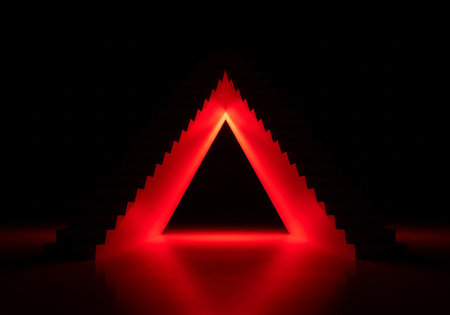 Abstract red neon stairs on a dark background. 3d rendering.の素材