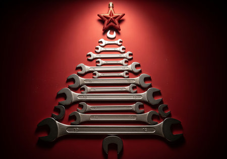 Spanners in the form of a Christmas tree on a red backgroundの素材