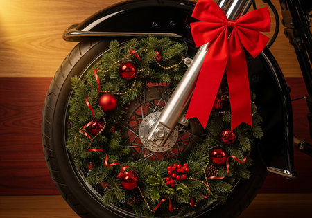Christmas wreath on the front wheel of a motorbike decorated with red ribbonsの素材