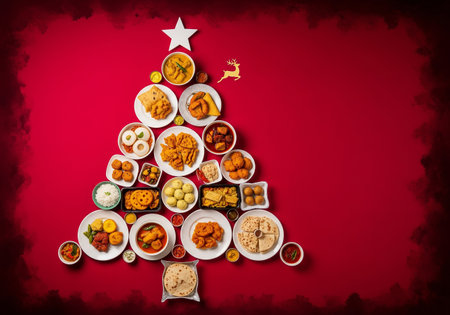 Traditional Indian food in Christmas tree form on red background with copy spaceの素材