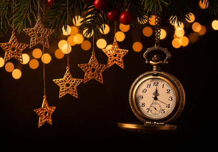 Vintage pocket watch on the background of a Christmas tree and starsの素材