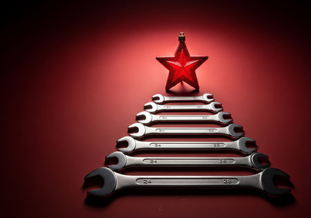 Christmas tree made of spanners and a red star on a red backgroundの素材